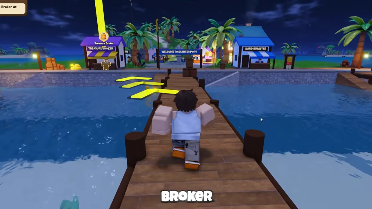 Starter Port from the dock, with Treasure Broker on the left, the welcome sign ahead and Harbormaster on the right.