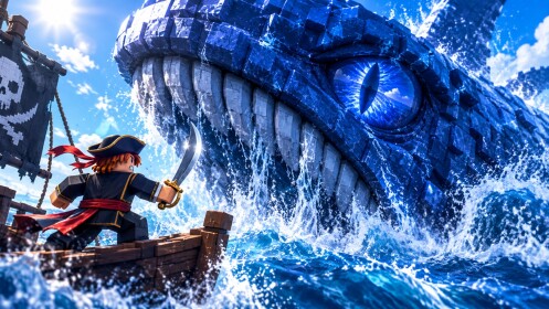 A pirate captain in a small boat as a giant sea creature looms out of the waves in Be a Pirate